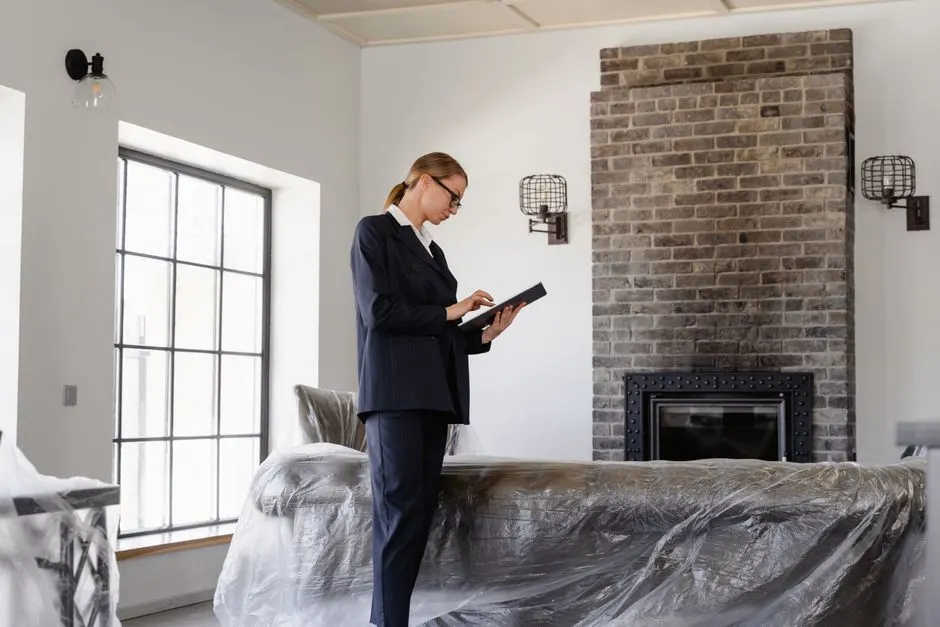 Professional woman inspecting property for real estate purposes with modern interior.